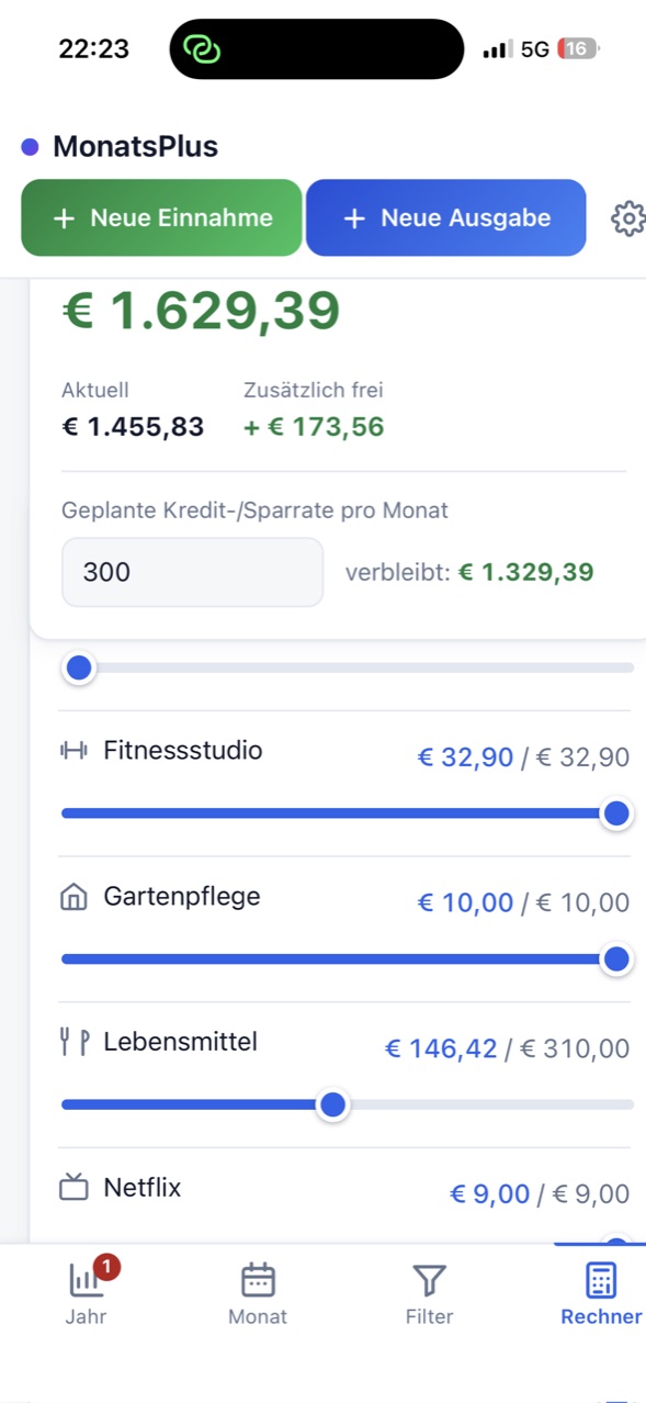 Sparrechner mit geplanter Rate und Reglern für einzelne Positionen.